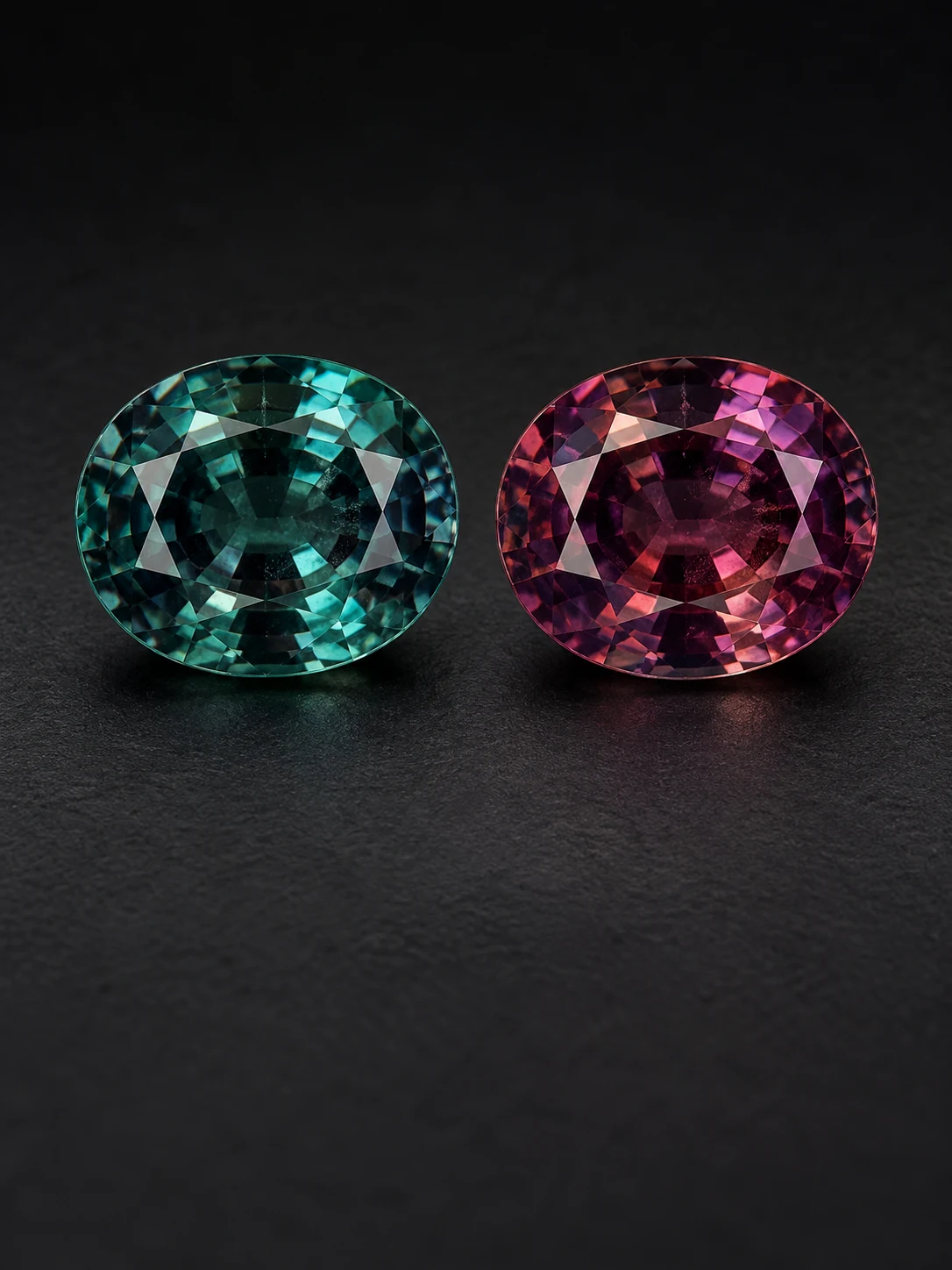 Alexandrite color-change illustration: blue-green in daylight and purplish red in warm light