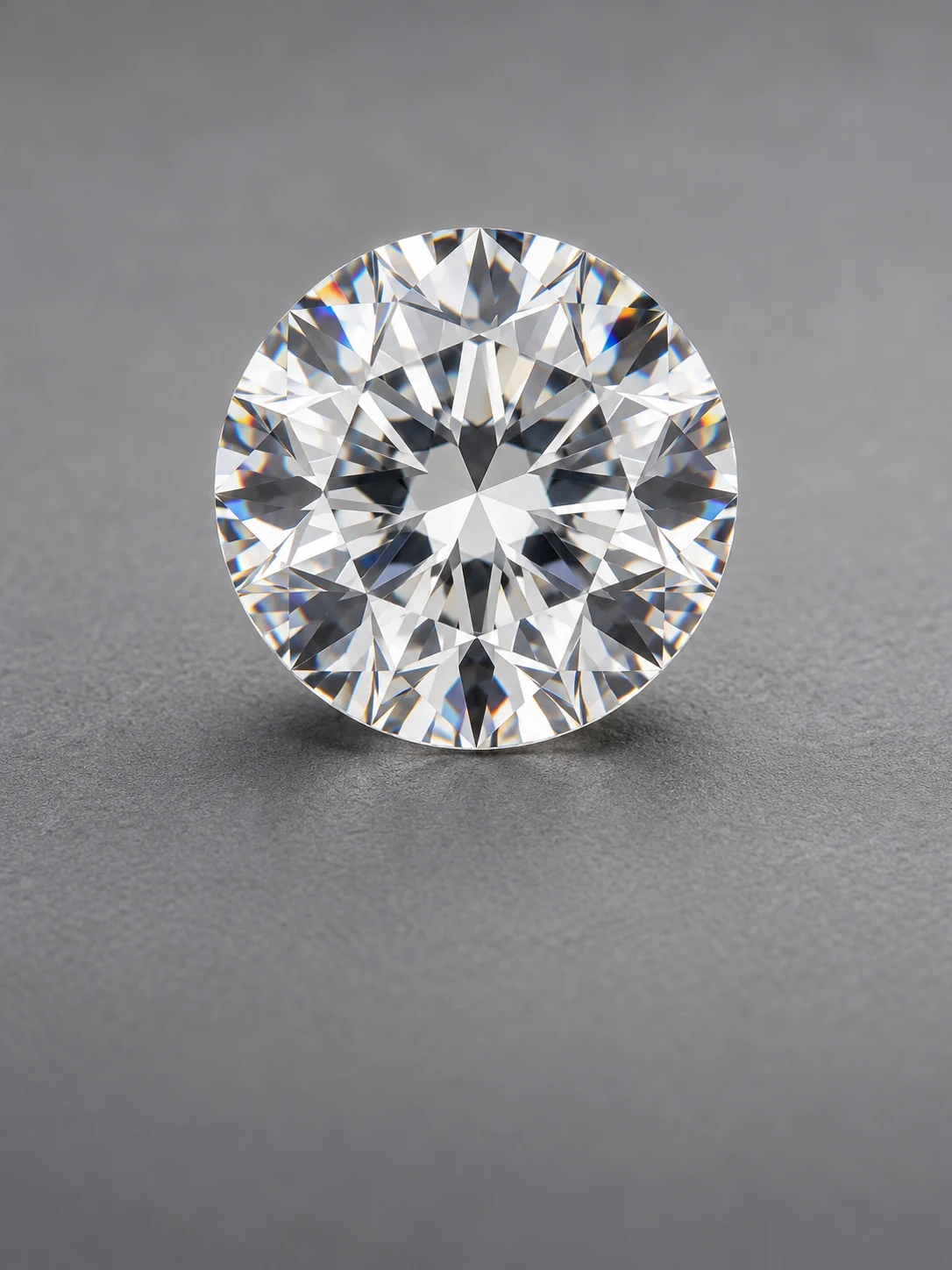 Colorless round brilliant cubic zirconia on a light gray surface