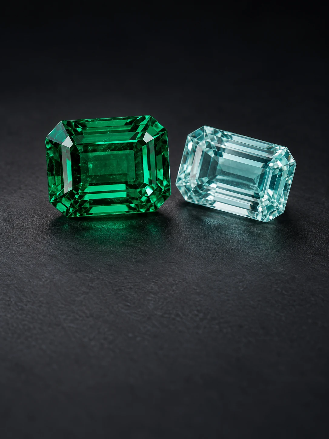Emerald-cut green emerald beside pale aqua beryl
