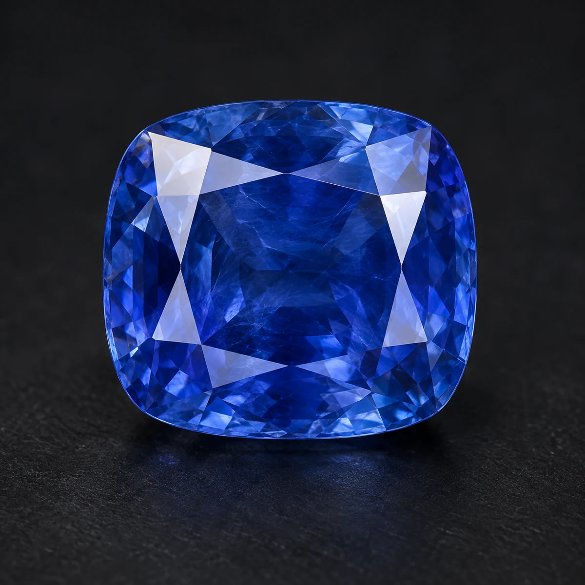 Cushion-cut Kashmir-blue sapphire viewed from the front