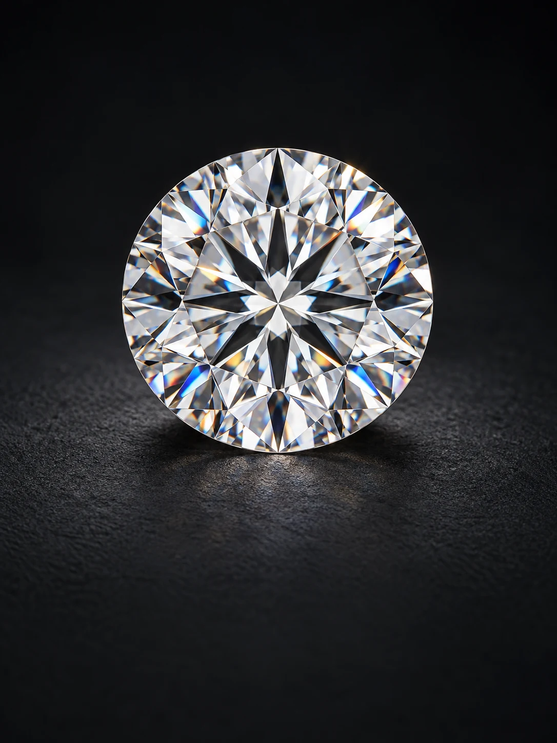 Colorless round brilliant lab-grown diamond on charcoal