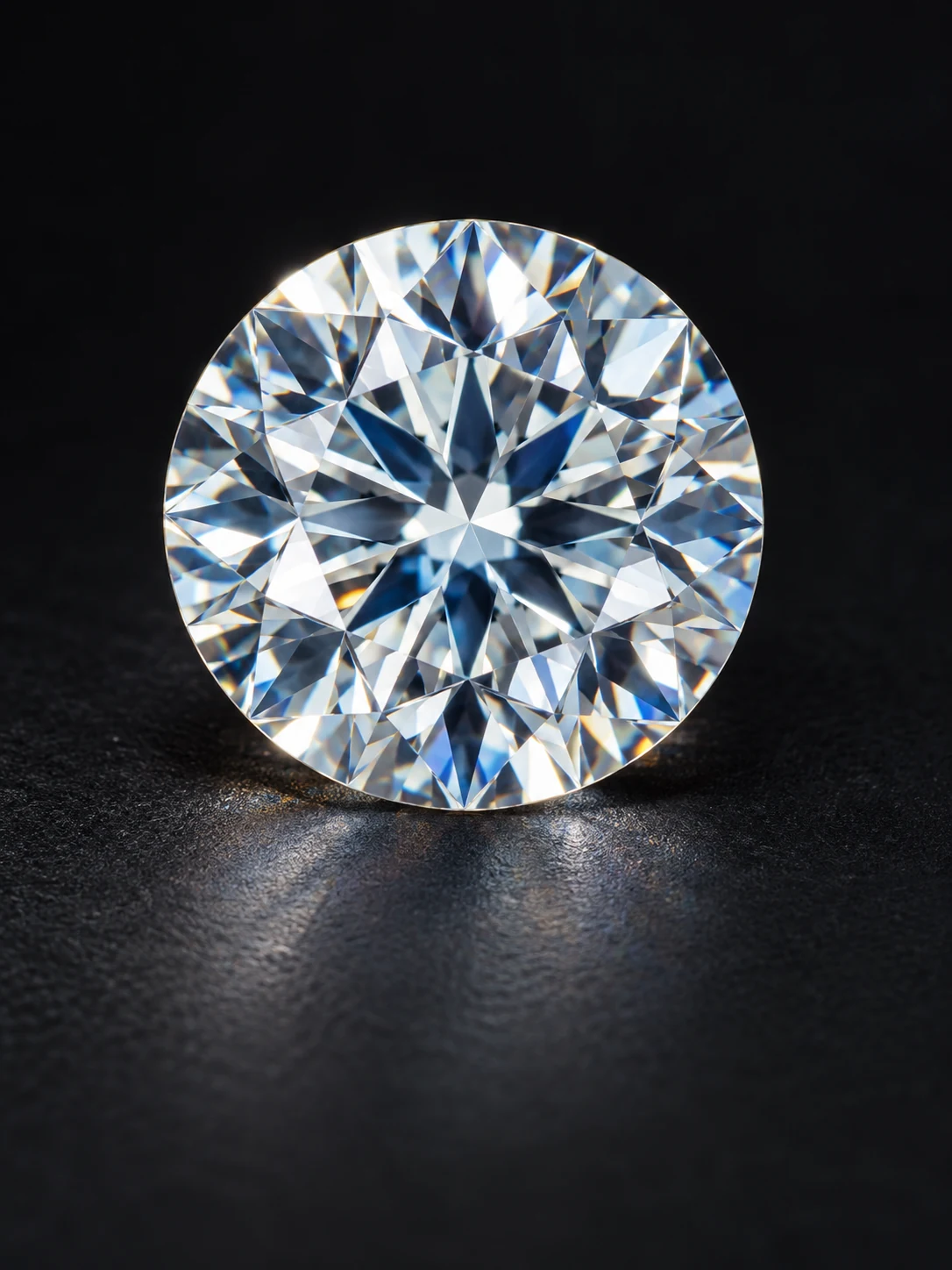 Round brilliant moissanite with icy white brilliance on charcoal