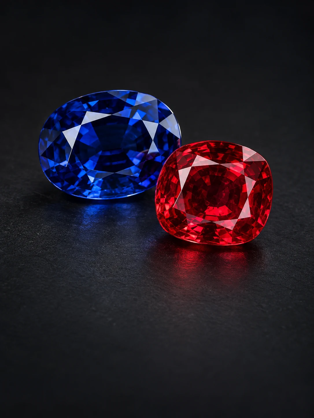 Royal blue lab-grown sapphire paired with a vivid red ruby