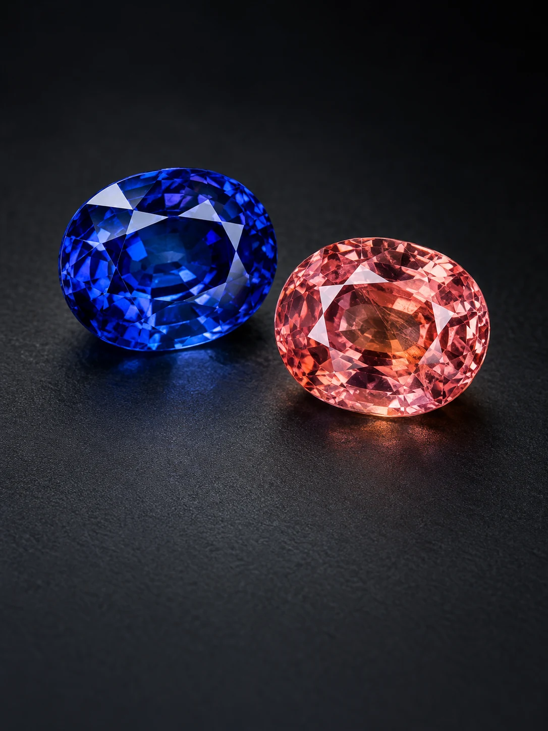 Cobalt blue spinel paired with a pink-orange padparadscha sapphire