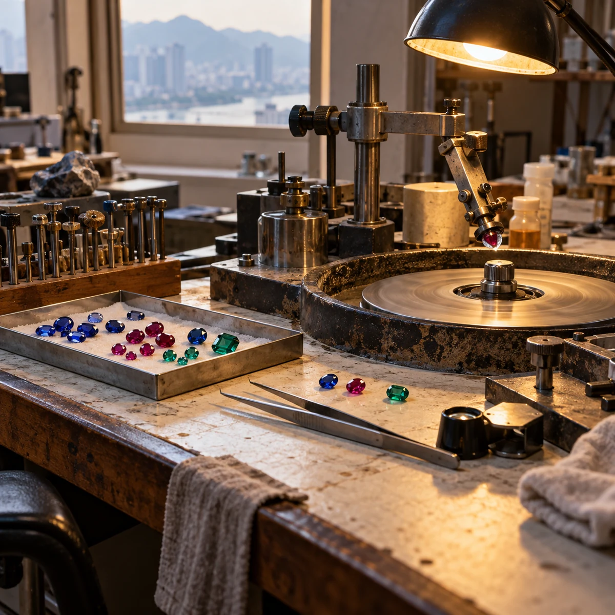 Illustrative gemstone faceting and polishing workbench with loose colored stones